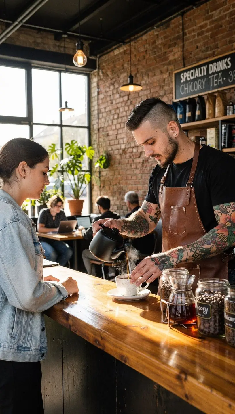 Pörkölt cikória tea csészében, gőzölgő állapotban.