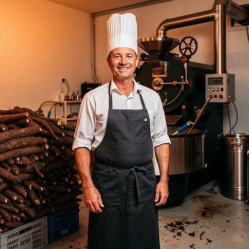 Pörkölt cikóriából készült tea, csésze formájában, gőzölögve az asztalon.